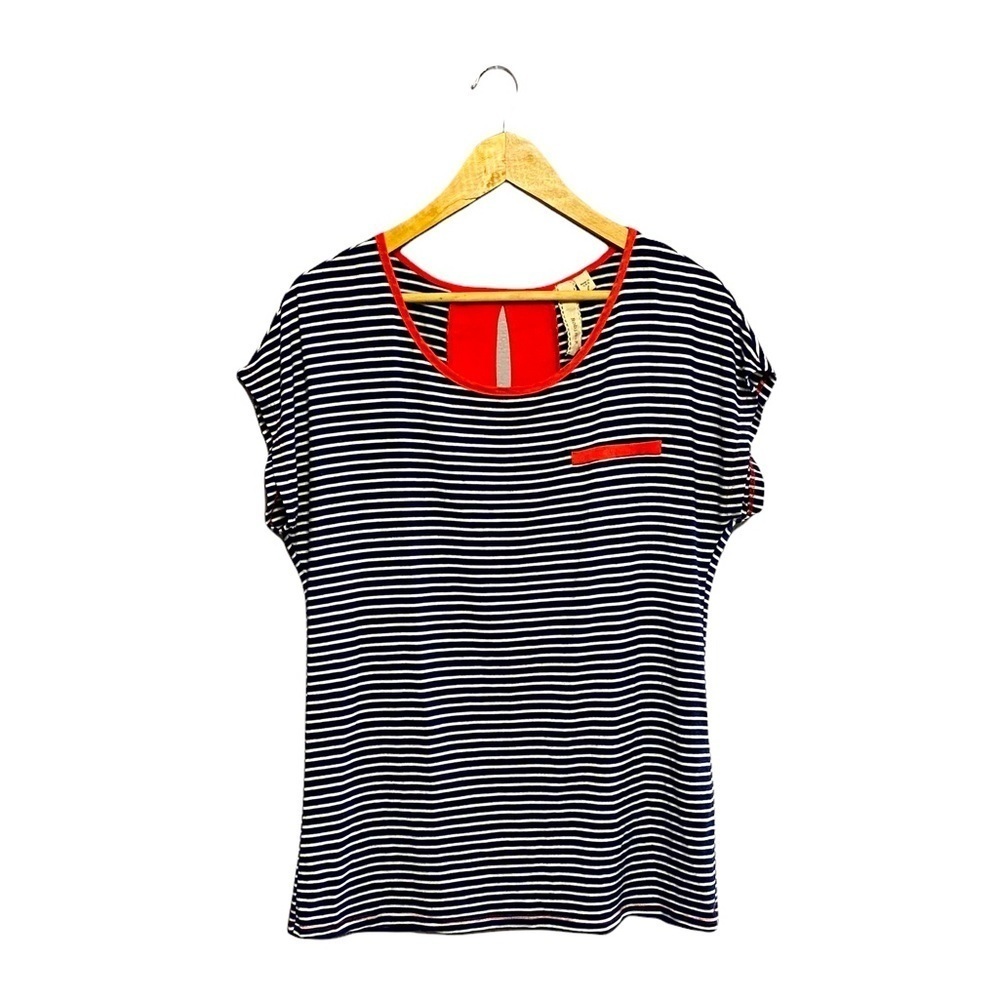ROBIN K | Womens Navy Striped Short Sleeve Shirt Accented with Coral Mesh​​